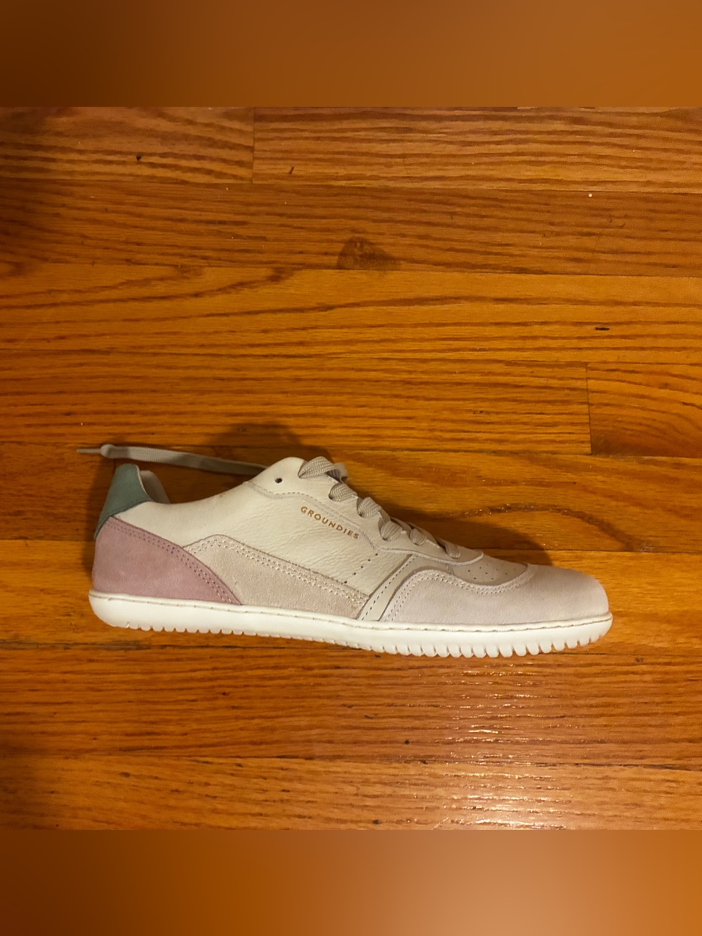 Groundies Women's Leather Sneakers in Light Beige with Pink Accent